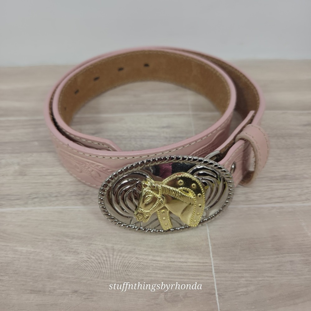 Nocona WESTERN Tooled Belt & Horse Head Buckle Pink Genuine Leather 27"-31"